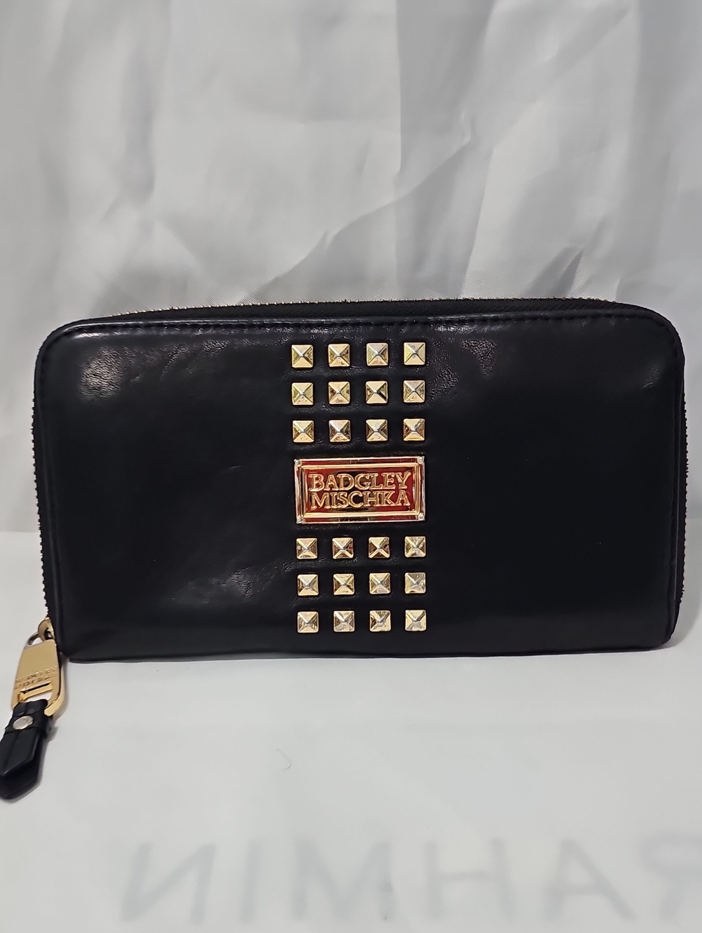 Badgley Mischka Black Leather Zip Wallet with Gold Studs